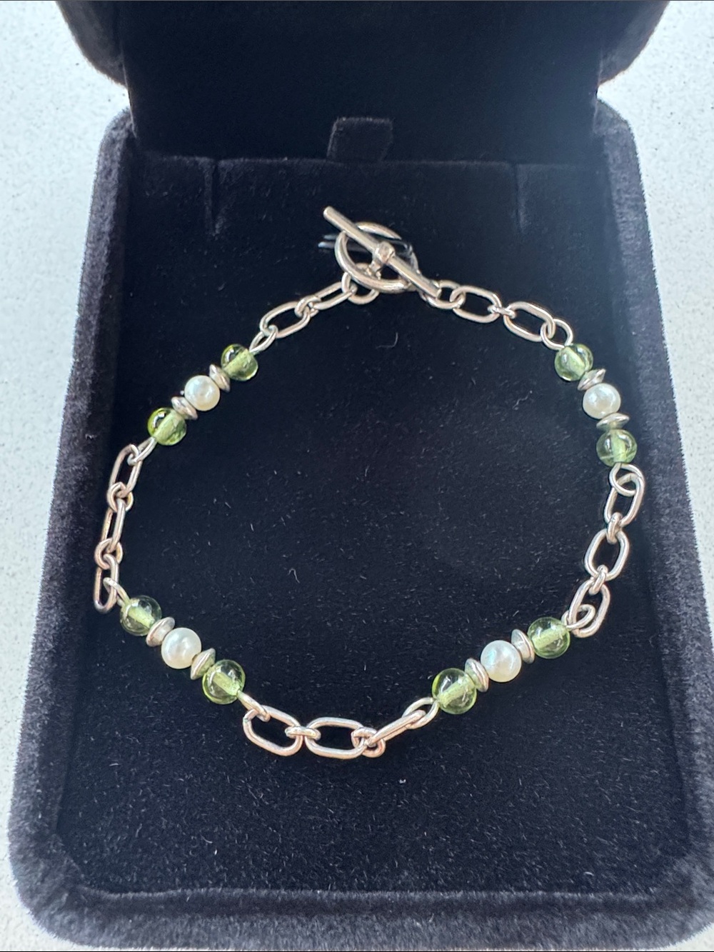 Coastal Pearl & Green Glass Sterling Silver Toggle Bracelet 7.5"